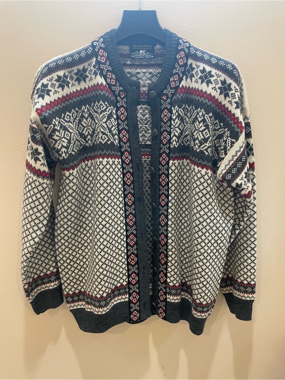 Nordic Fair Isle Men's Cardigan Sweater - Black, Cream & Red Accents